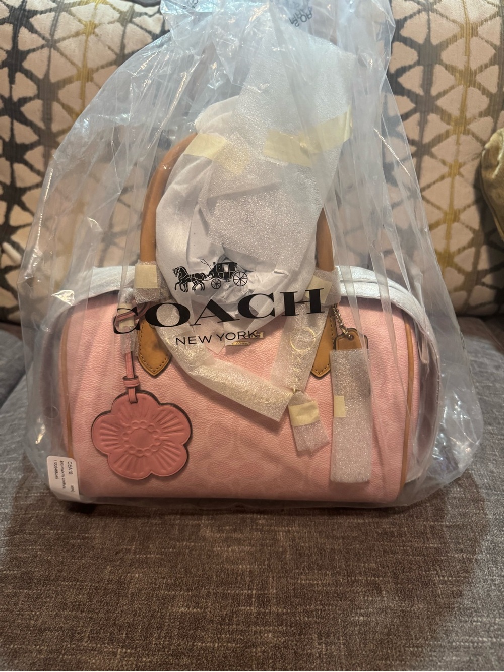 COACH Pink Satchel with Tan Handles and Floral Charm - Picture 1 of 3